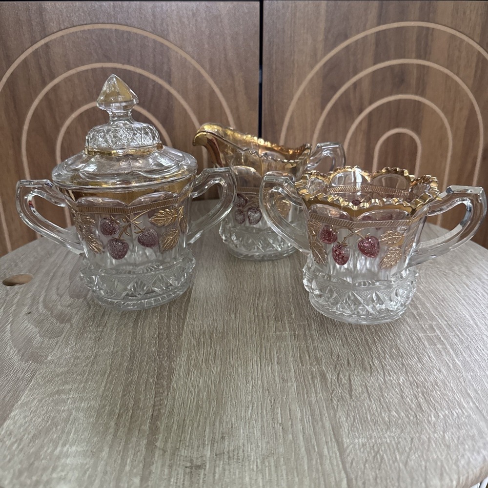 Antique EAPG Northwood Strawberry & Cable Sugar Bowl Creamer Set w/ Lid Handles